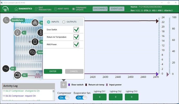 Diagnostics screen in Lab app showing the Inputs