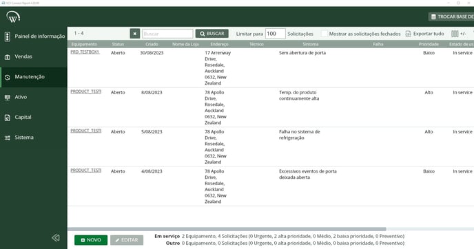 Aplicativo Report - lista de todas as solicitações de serviço